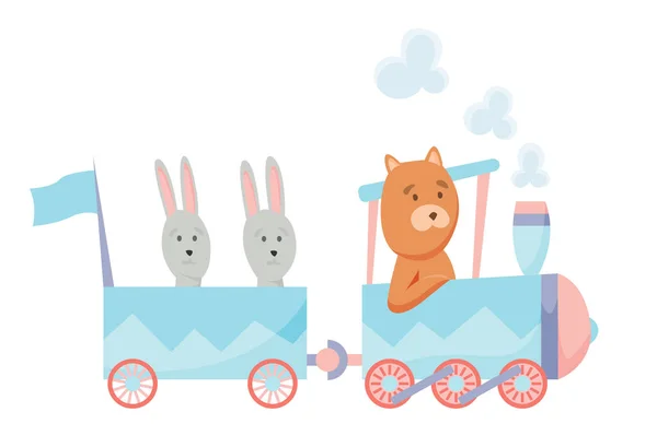 在火车上与不同动物合影的卡通。 兔子和熊。 明信片、书籍或印刷品的平面矢量元素 — 图库矢量图片
