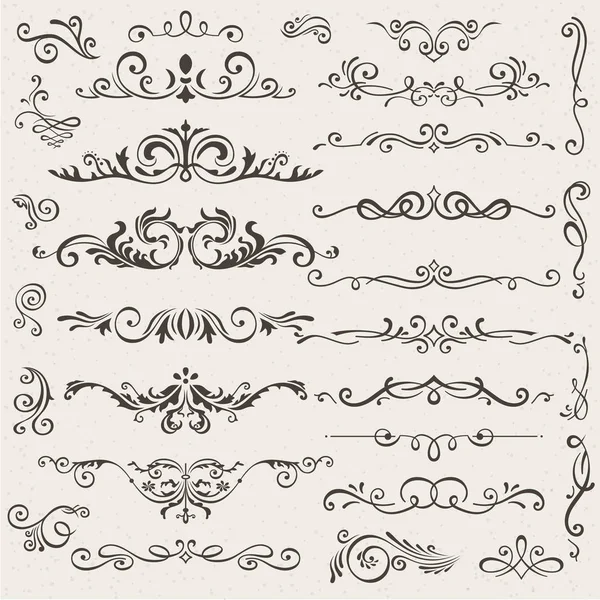 Set vettoriale di elementi di design calligrafico e decorazioni di pagina. Elegante collezione di turbinii e riccioli disegnati a mano per il tuo design. Isolato su sfondo beige — Vettoriale Stock