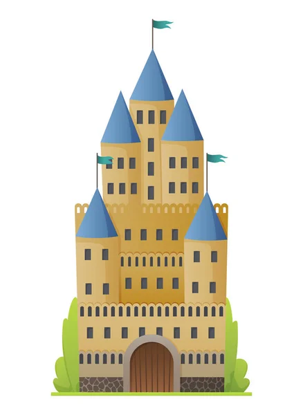 Castelo de conto de fadas vetorial plano. Palácio medieval com torres altas e telhados cônicos. Fortaleza ou fortaleza com muralha e torres fortificadas — Vetor de Stock