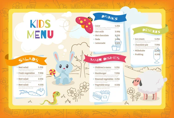 Menu de refeição bonito crianças coloridas. Modelo vetorial Placemat com desenhos animados pequenos animais, flores e árvores. Coelho engraçado, ovelhas, cobra e abelha — Vetor de Stock