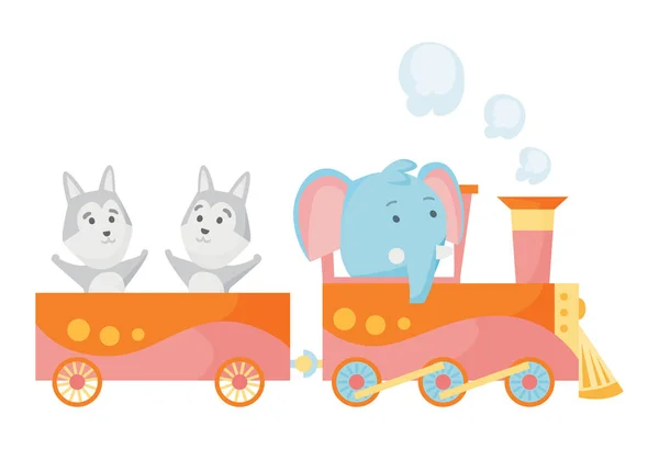 Set di cartoni animati con diversi animali sui treni. Elefante e due lupi. Elementi vettoriali piatti per cartolina, libro o stampa — Vettoriale Stock