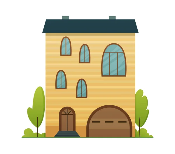 Huizen exterieur vector illustratie vooraanzicht met dak. Huis gevel met deuren en ramen. Modern dorpshuis. Onroerend goed gebouw icoon geïsoleerde vector illustratie — Stockvector
