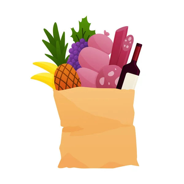 Fresh Food en una bolsa de papel - ilustración vectorial en estilo plano. Diferentes productos de alimentos y bebidas, compras de comestibles. Frutas, verduras, jamón, queso, pan, leche — Archivo Imágenes Vectoriales