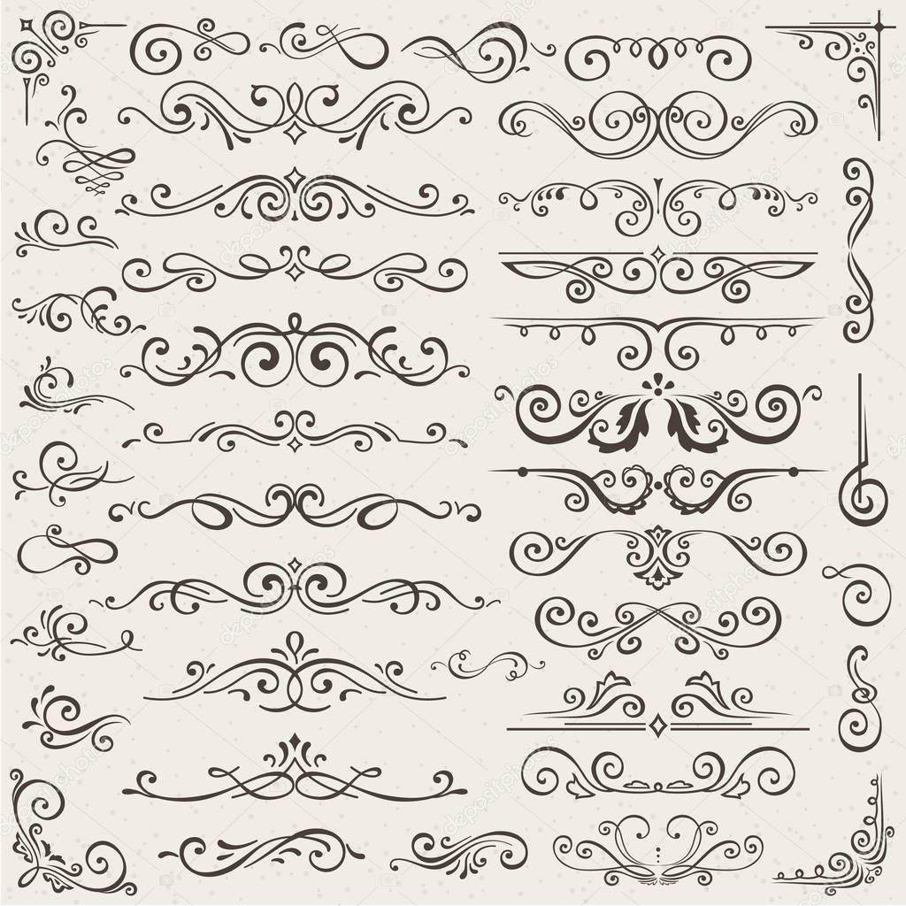Vector set of calligraphic design elements and page decorations. Elegant collection of hand drawn swirls and curls for your design. Isolated on beige background