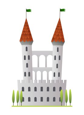 Düz vektör masal kalesi. Yüksek kuleleri ve konik çatıları olan ortaçağ sarayı. Kale ya da kale, sağlam duvarlar ve iki kule.