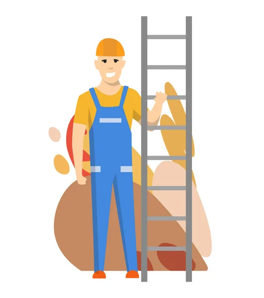 Εργάτης ή εργάτης οικοδομών. Διάνυσμα απομονωμένο χαρακτήρα. Φοράει στολή και χρησιμοποιεί σκάλα για τη δουλειά της. — Διανυσματικό Αρχείο