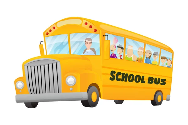 Klassischer amerikanischer Oldschool-Bus. Kinder fahren im Schulbus. freie Fahrt. Farbvektor Schulbanner — Stockvektor