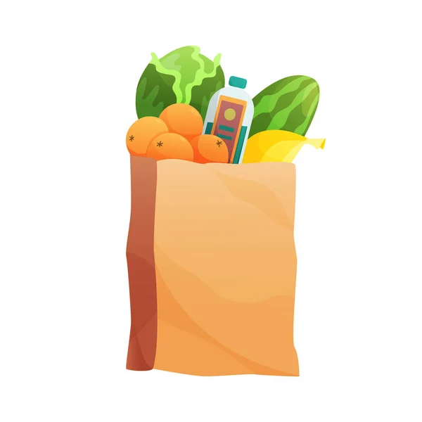 Fresh Food in a paper bag - vector illustration in flat style. Different food and beverage products, grocery shopping. Fruits, vegetables, ham, cheese, bread, milk — Stock Vector