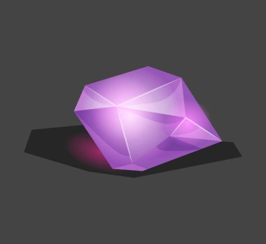 Crystalline stone or gem and precious gemstone for jewellery. Simple crystal symbol with reflection. Cartoon icon as decoration for games. Isolated Vector. Violet clipart