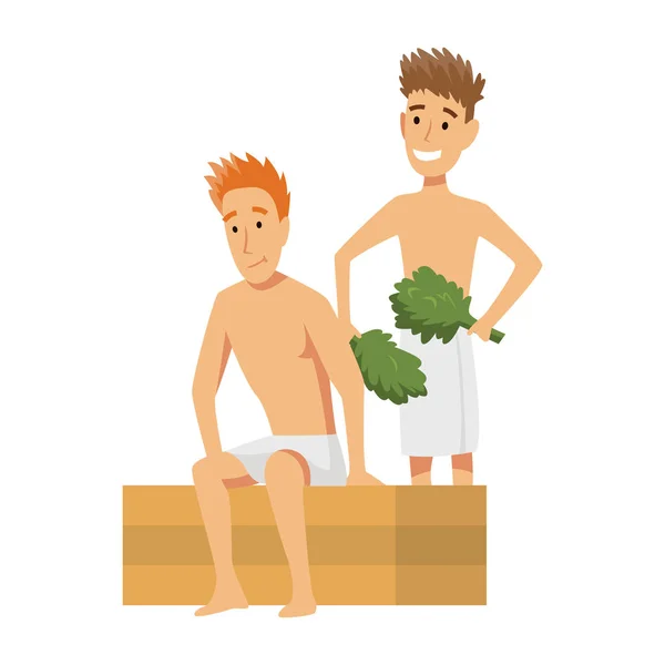 Badehaus oder Banya-Verfahren. Vektor flache Menschen. Aktivität für Wellness und Erholung. Menschen genießen Sauna — Stockvektor