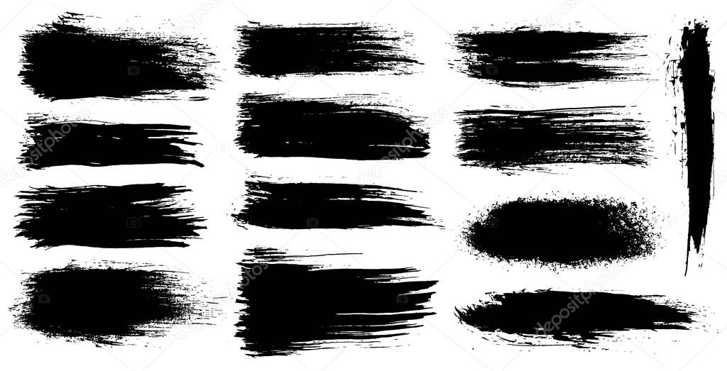 Vector set of grunge artistic brush strokes, brushes. Creative design elements. Grunge watercolor wide brush strokes. Black collection isolated on white background