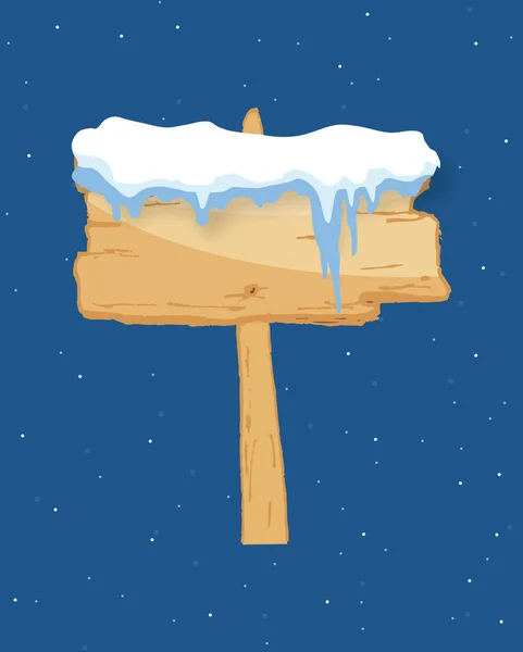 Signo de invierno de madera de dibujos animados con ilustración de vector de gorra de nieve. Cartel de nieve. Flecha direccional de madera, bandera cubierta de nieve — Vector de stock