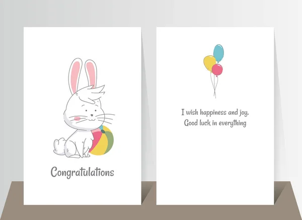 Two banners with funny cute bunny. Hand drawn rabbit seated with color balloon and color balloons. Vector illustration in flat style — Stock Vector