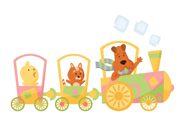 Desenhos animados com diferentes animais em trens. Gato, cão e galinha. Elementos vetoriais planos para cartão postal, livro ou impressão — Vetor de Stock
