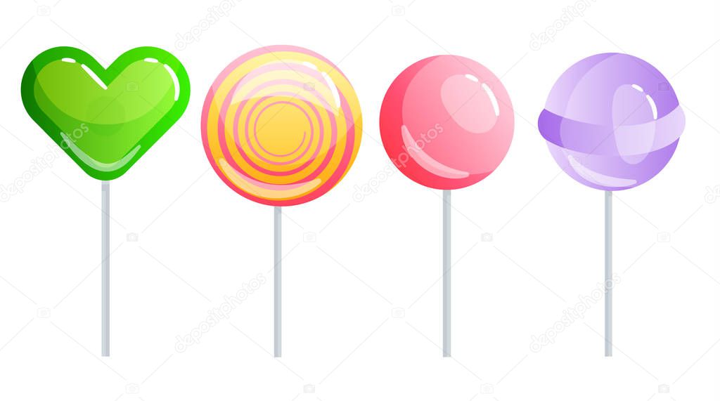 Set of sweets on white background - hard candy and bar, candy cane, lollipop, candy on stick. Tasty delicious. Vector illustration