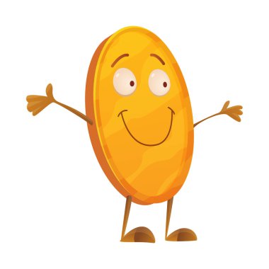 Neşeli para. Oyun uygulamaları arayüzü için simge. Kolları ve bacakları olan komik altın sikkenin çizgi film görüntüsü, beyaz arka planda duygular. Vektör illüstrasyonu