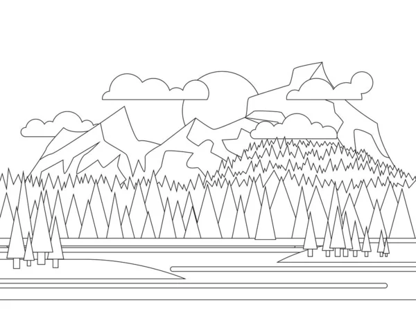 Ilustração vetorial de belos campos paisagem com um amanhecer ou pôr do sol, colinas e céu. Antecedentes em estilo desenho animado plano. Colorir. Versão monocromática — Vetor de Stock