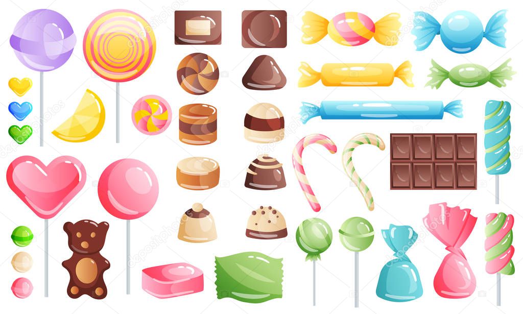 Set of sweets on white background - hard candy, chocolate and bar, candy cane, lollipop, candy on stick. Tasty delicious. Vector illustration