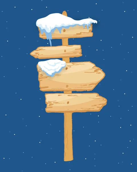 Cartoon wooden winter sign with snow cap vector illustration. Snowy sign board. Wood directional arrow, snow covered banner — ストックベクタ