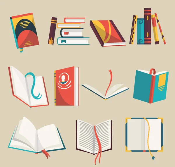 Színes könyvek ikonok készlet, vektor illusztráció. Tanulj és tanulj. Gyűjtemény nyitott és zárt könyvekkel. Oktatás és tudás. Könyvek olvasása, tanulása és oktatása — Stock Vector