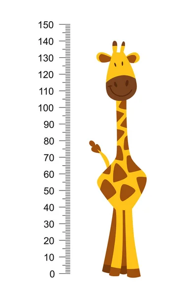 Girafa engraçada alegre com pescoço longo. Altura metro ou medidor de parede ou adesivo de parede de 0 a 150 centímetros para medir o crescimento. Ilustração vetorial das crianças — Vetor de Stock