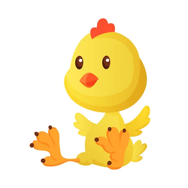 Linda chica de dibujos animados poco asientos aislados sobre un fondo blanco. Pollo amarillo divertido. Ilustración vectorial de pollita para niños — Vector de stock