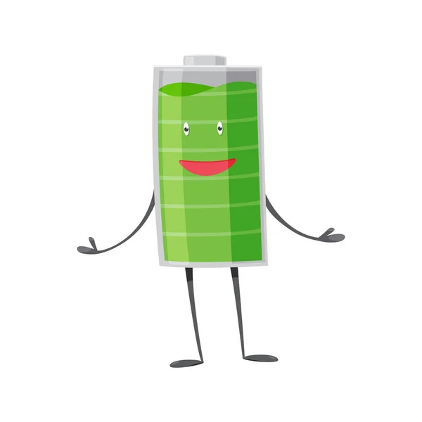 Sterke batterijman staat en toont zijn spieren. Volledig opgeladen groene batterij. Element van alternatieve energie. Vector cartoon icoon — Stockvector