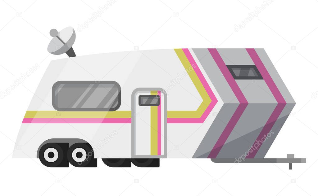 Flat vector classic camper trailer. Recreational vehicle. Home on wheels. Comfort Caravan van for RV Family trip to nature. Vector illustration for web design or print