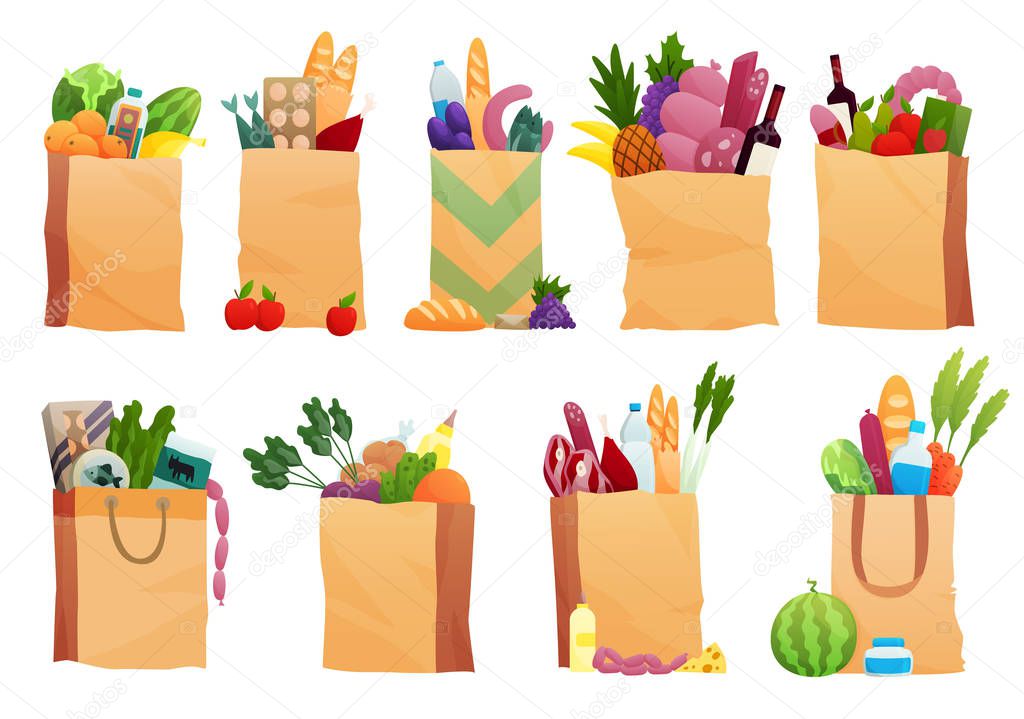 Set of paper bag with Fresh Food - vector illustration in flat style. Different food and beverage products, grocery shopping. Fruits, vegetables, ham, cheese, bread, milk