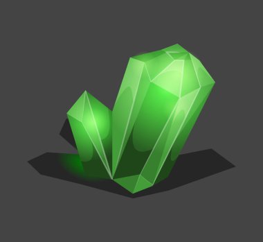Crystalline stone or gem and precious gemstone for jewellery. Simple crystal symbol with reflection. Cartoon icon as decoration for games. Isolated Vector. Green clipart