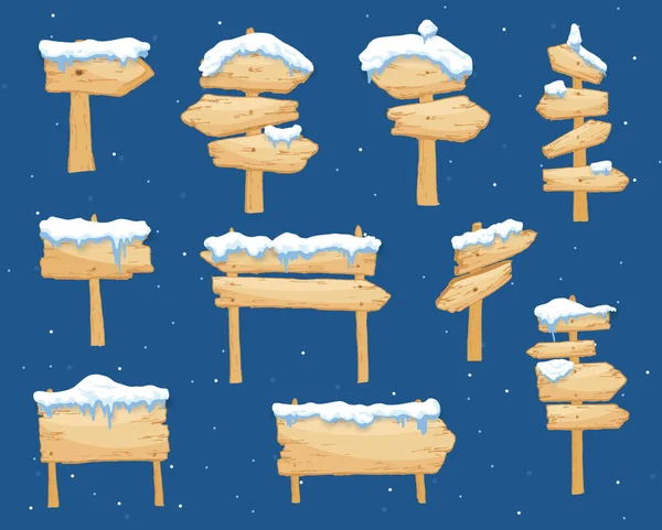 Sinal de inverno de madeira dos desenhos animados com ilustração de vetor de boné de neve. Placa de sinalização nevada. Flecha direcional de madeira, bandeira coberta de neve. Conjunto de ilustrações — Vetor de Stock