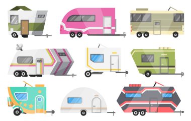 Klasik kamp araçları ve karavanlar düz vektör seti. Eğlence araçları. Tekerlekli ev. Rahat arabalar, karavan karavanı doğaya karavan gezisi. Web tasarımı veya yazdırma için vektör illüstrasyonu