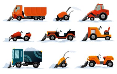 Kar temizleyiciler. Yol çalışıyor. Beyaz arka planda izole edilmiş kar küreme ekipmanları. Kar küreme kamyonu, kazıcı buldozer, mini traktör kar temizleme aracı