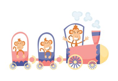 Çizgi film setinde farklı hayvanlar trende. Maymunlar. Kartpostal, kitap veya yazdırma için düz vektör ögeleri