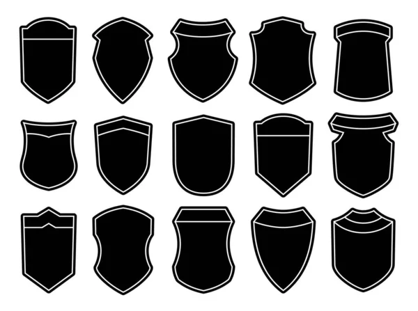 Conjunto de escudos escuros vazios em branco. Formas de distintivo preto. Design de formas de banner heráldico vintage. Bordas estilo retro, quadros, rótulos — Vetor de Stock