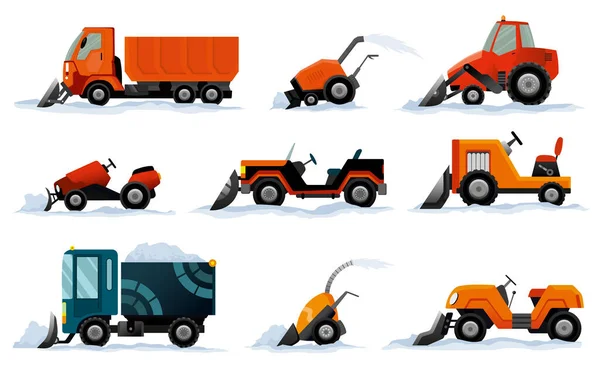 Rimozione neve. La strada funziona. Set di attrezzatura da spazzaneve isolato su sfondo bianco. Camion dell'aratro della neve, bulldozer dell'escavatore, trasporto mini dello snowblower del trattore — Vettoriale Stock