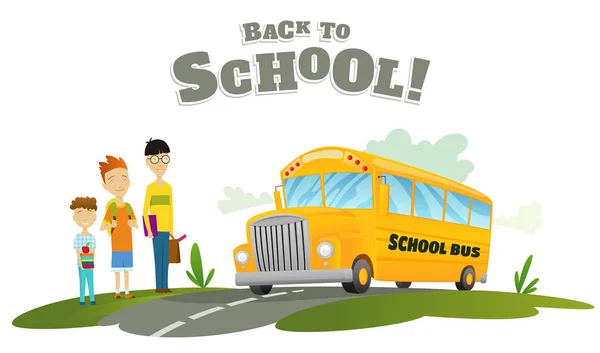 Jongens wachten op vervoer. Klassieke Amerikaanse ouderwetse bus. Terug naar school. Rijd op de weg. Vrij reizen. Kleur vector school banner — Stockvector