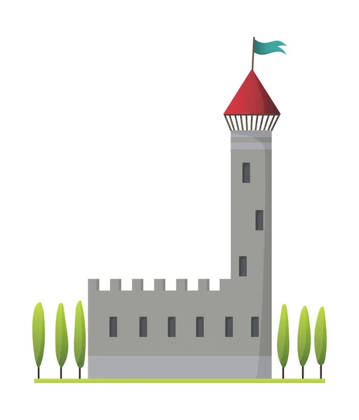 Castelo de conto de fadas vetorial plano. Palácio medieval com torre alta e telhado cônico. Fortaleza ou fortaleza com muralha e torre fortificadas — Vetor de Stock