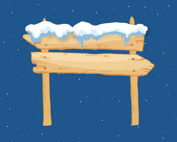 Signo de invierno de madera de dibujos animados con ilustración de vector de gorra de nieve. Cartel de nieve. Flecha direccional de madera, bandera cubierta de nieve — Vector de stock