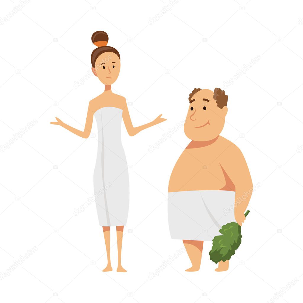 Man and woman. Bathhouse or banya procedure. Vector flat people. Activity for wellness and recreation. People Enjoying Sauna Procedures