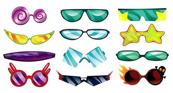 Gafas de caricatura vector o gafas de sol en formas elegantes para fiesta y moda. Espectáculos ópticos. Set de gafas ver accesorios. Ilustración aislada sobre fondo blanco — Archivo Imágenes Vectoriales