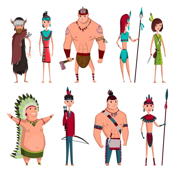 Rdzenni członkowie plemienia amerykańskiego w tradycyjnej odzieży indyjskiej z bronią i innymi przedmiotami kultury zestaw znaków kreskówek. Ilustracja wektora — Wektor stockowy