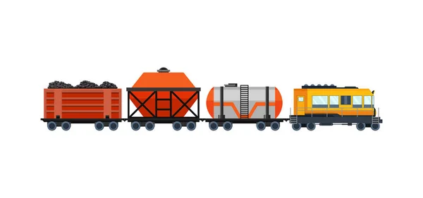 コンテナとボックス貨物列車と貨物列車貨物列車。ローリングストック輸送イラストセット。物流重鉄道輸送設計要素。平面図ベクトル図 — ストックベクタ