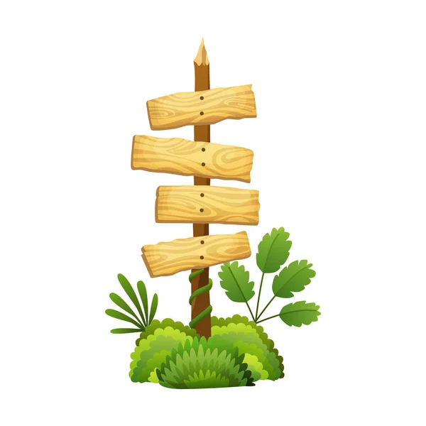 Dřevěný nápis v deštném pralese s tropickými listy a prostorem pro text. Cartoon game vektorová ilustrace. Design rámu reklam. Staré desky zdobené liány — Stockový vektor