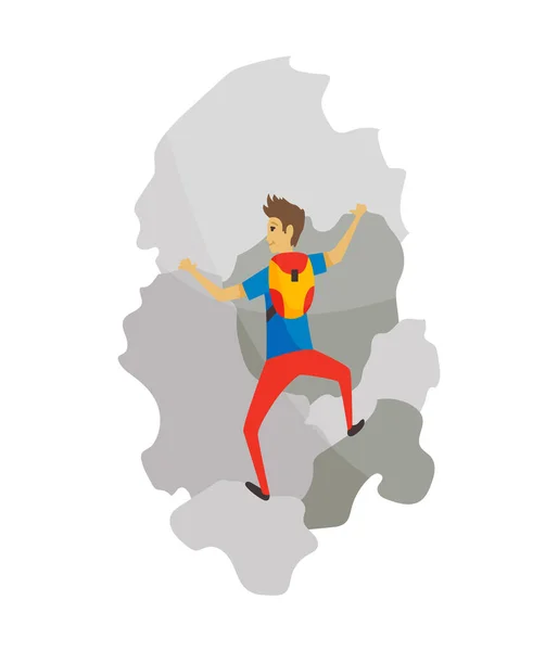 Niño con bolsa de escalada en una montaña de roca con equipo. Deportes extremos al aire libre. Escalando las montañas. Ilustración vectorial — Vector de stock