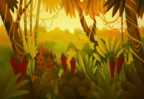 Τροπική ζούγκλα σκοτεινό φόντο, δάσος, τροπικό δάσος, φυτό. Διάνυσμα εικονογράφηση κινουμένων σχεδίων του φόντου πρωί ζούγκλα. Χειροποίητα κλαδιά και φύλλα τροπικών φυτών. Στυλ χρωμάτων — Διανυσματικό Αρχείο