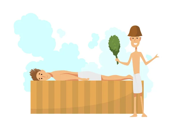 Junger Mann auf einer Sonnenbank liegend. Badehaus oder Banya-Verfahren mit Dampf gefüllt. Vektor flache Menschen. Aktivität für Wellness und Erholung. Menschen genießen Saunagänge — Stockvektor