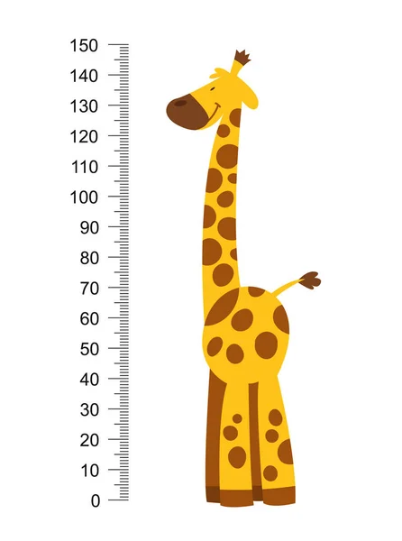 Uzun boyunlu neşeli komik zürafa. Büyümeyi ölçmek için 0 ile 150 santimetre arası yükseklik, duvar veya duvar etiketi. Çocuk vektör illüstrasyonu — Stok Vektör