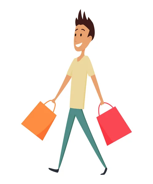 Hombre de compras personaje con bolsas de papel en sus manos. Sonría con placer de la compra de bienes perfectos. Bueno para las ventas y descuentos. Conceptos vectoriales. Diseño plano — Archivo Imágenes Vectoriales