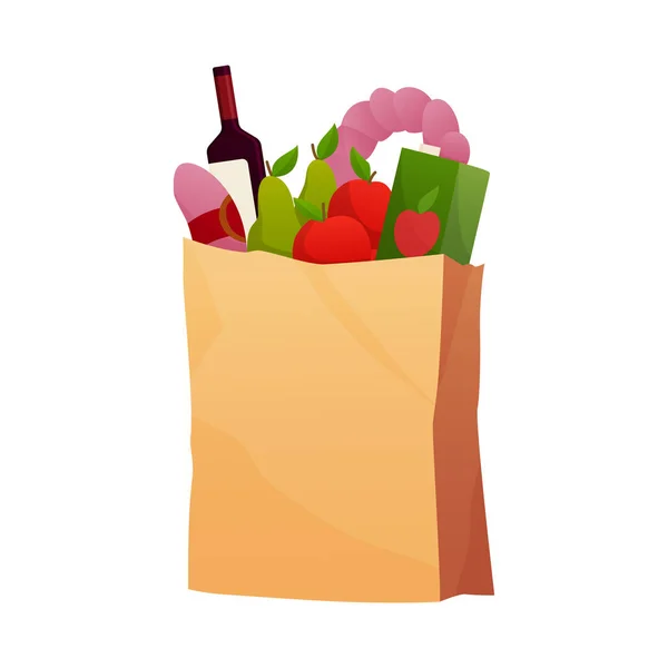 Fresh Food en una bolsa de papel - ilustración vectorial en estilo plano. Diferentes productos de alimentos y bebidas, compras de comestibles. Frutas, verduras, jamón, queso, pan, leche — Archivo Imágenes Vectoriales